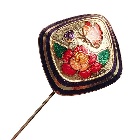 VTG 60s Cloisonne Butterfly Floral Stick Pin Enamel Jewelry Gold Tone Brooch - Picture 1 of 11